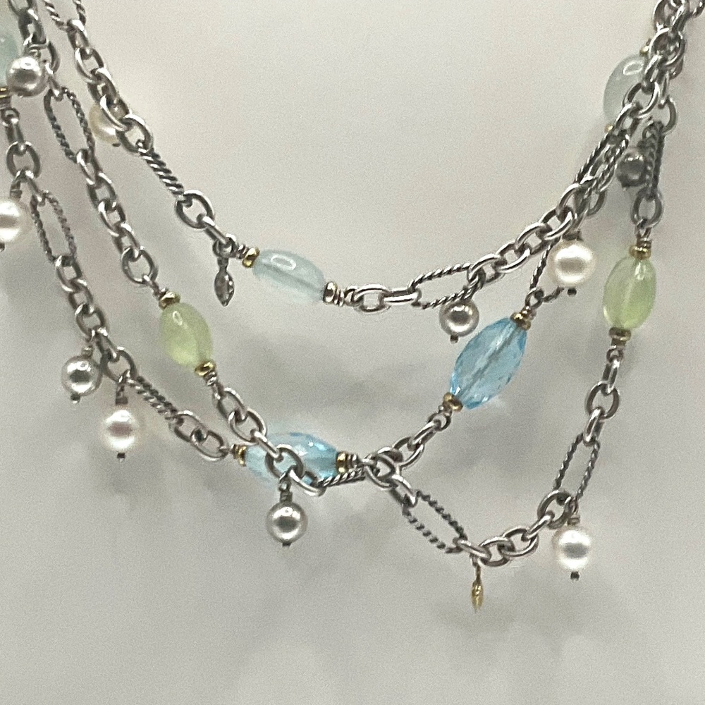 David Yurman silver necklace with pearls and light green/blue stones